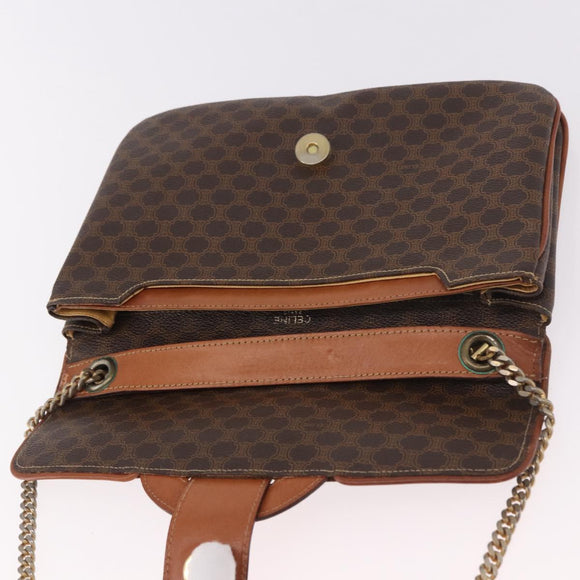 CELINE Macadam Canvas Ketten-Schultertasche PVC Leder Braun Gold Auth gh2108
