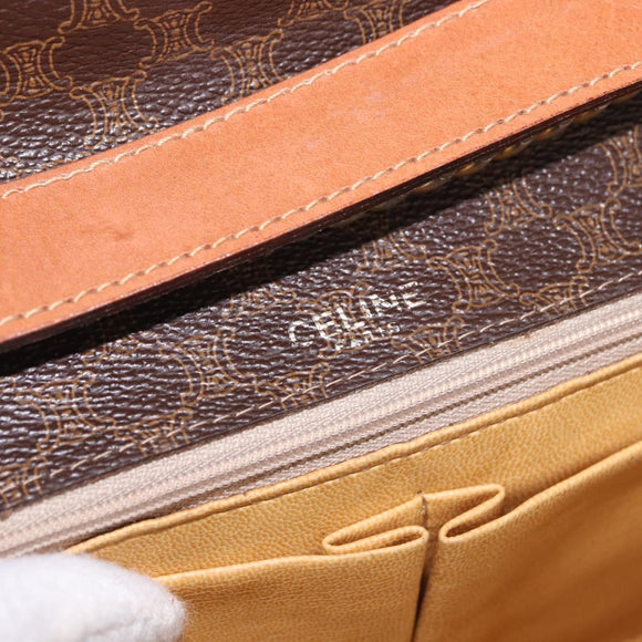 CELINE Macadam Canvas Ketten-Schultertasche PVC Leder Braun Gold Auth gh2108