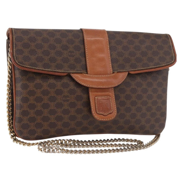 CELINE Macadam Canvas Ketten-Schultertasche PVC Leder Braun Gold Auth gh2108