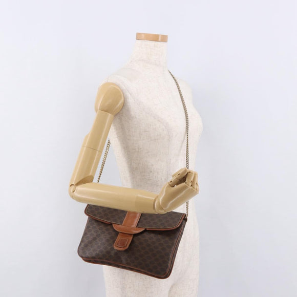 CELINE Macadam Canvas Ketten-Schultertasche PVC Leder Braun Gold Auth gh2108