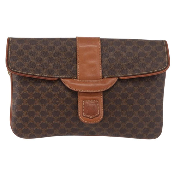 CELINE Macadam Canvas Ketten-Schultertasche PVC Leder Braun Gold Auth gh2108