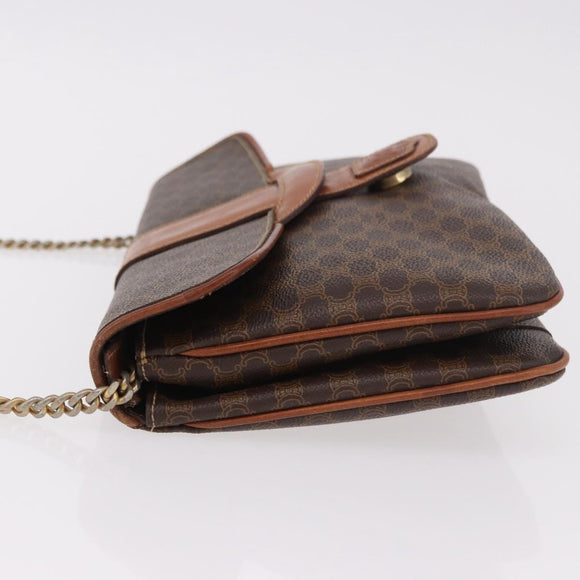 CELINE Macadam Canvas Ketten-Schultertasche PVC Leder Braun Gold Auth gh2108