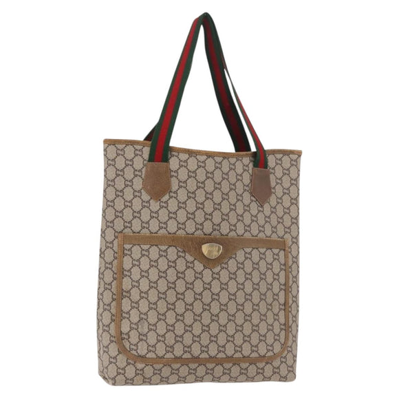 GUCCI GUCCI Plus Supreme Web Sherry Line Tote Bag PVC Beige Gold Auth gh2126