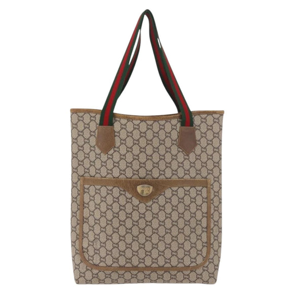 GUCCI GUCCI Plus Supreme Web Sherry Line Tote Bag PVC Beige Gold Auth gh2126