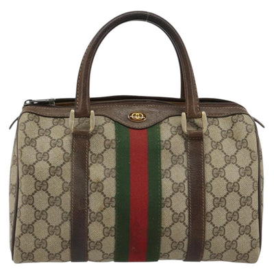 GUCCI GG Supreme Web Sherry Line Boston Bag PVC Beige Gold 40 3841 Auth gh2129 - 0