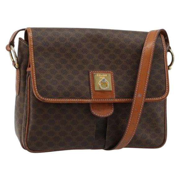 CELINE Macadam Canvas Shoulder Bag PVC Leather Brown Gold Auth gh2130