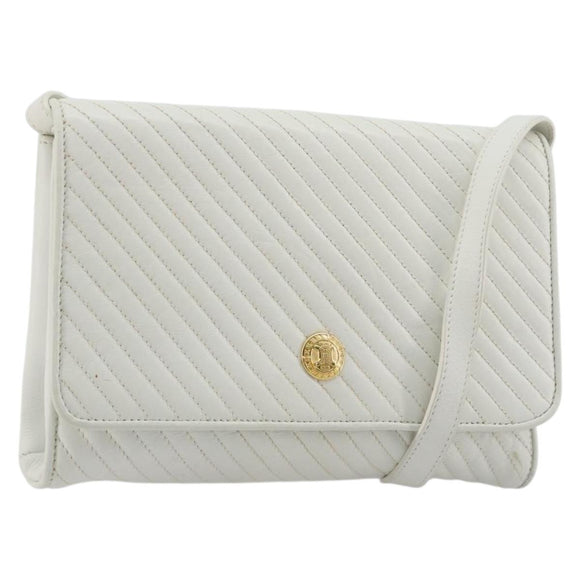 CELINE Shoulder Bag Leather White Gold Auth gh2134