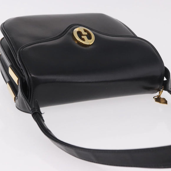 GUCCI Hand Bag Leather Black Gold Auth gh2167