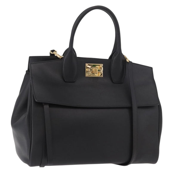 Salvatore Ferragamo Gancini Studio Bag Leather 2way Black Gold Auth gh2193V