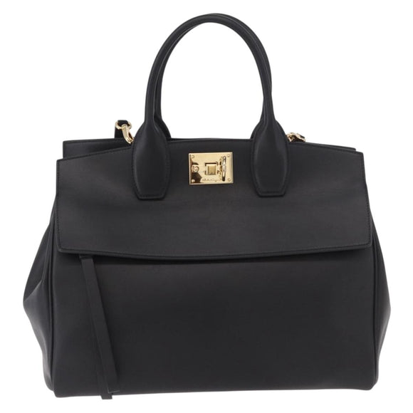 Salvatore Ferragamo Gancini Studio Bag Leather 2way Black Gold Auth gh2193V