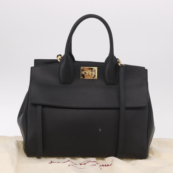 Salvatore Ferragamo Gancini Studio Bag Leather 2way Black Gold Auth gh2193V