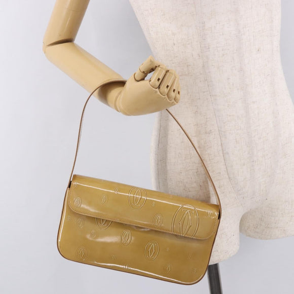 CARTIER Hand Bag Patent leather Beige Silver Auth gh2196A