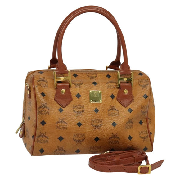 MCM Logogram Vicetos Boston Bag PVC Leather 2way Brown Gold Auth gh221