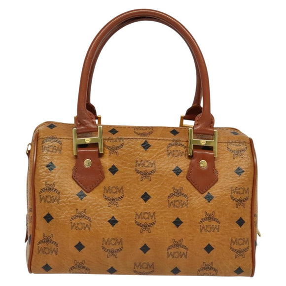 MCM Logogram Vicetos Boston Bag PVC Leather 2way Brown Gold Auth gh221