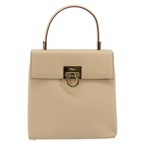 Salvatore Ferragamo Gancini Hand Bag Leather 2way Beige Gold Auth gh2211