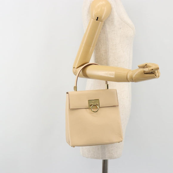 Salvatore Ferragamo Gancini Hand Bag Leather 2way Beige Gold Auth gh2211