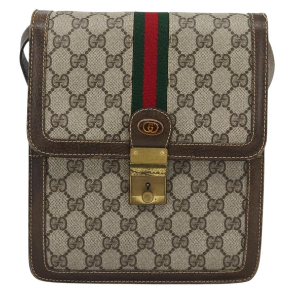 GUCCI GG Supreme Web Sherry Line Shoulder Bag PVC Beige Gold Auth gh2212