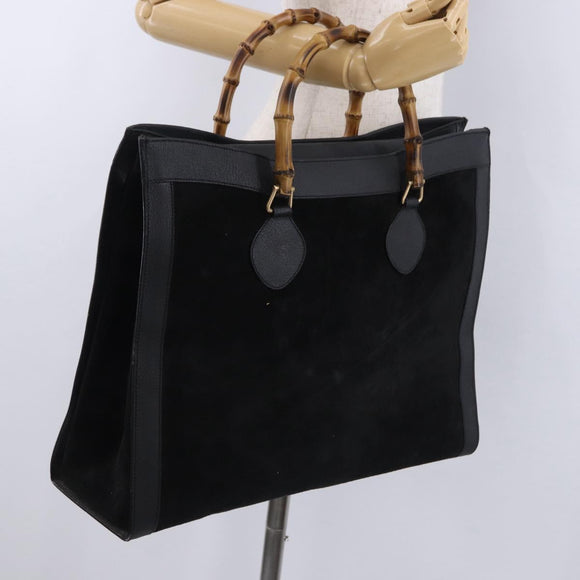 GUCCI Bamboo Hand Bag Suede Black Gold Tone 002 1186 0259 Auth gh2236