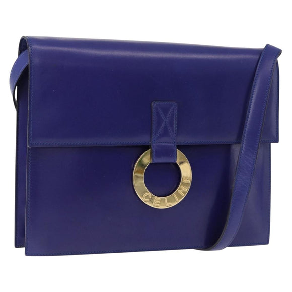 CELINE Circle Shoulder Bag Leather Blue Gold Tone Auth gh2238