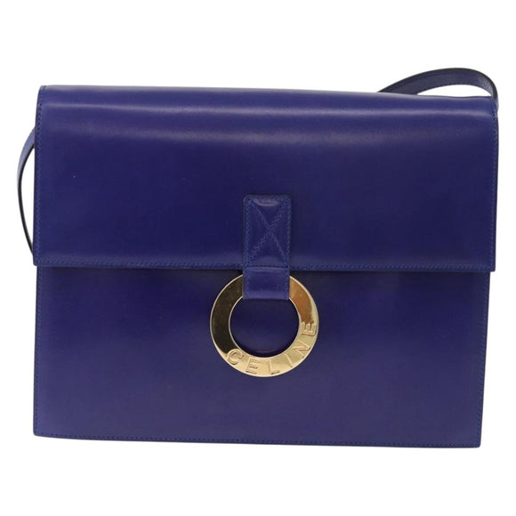 CELINE Circle Shoulder Bag Leather Blue Gold Tone Auth gh2238