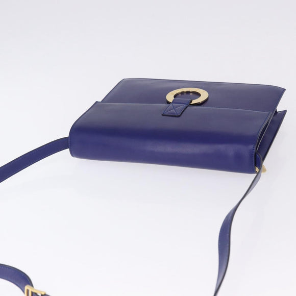 CELINE Circle Shoulder Bag Leather Blue Gold Tone Auth gh2238
