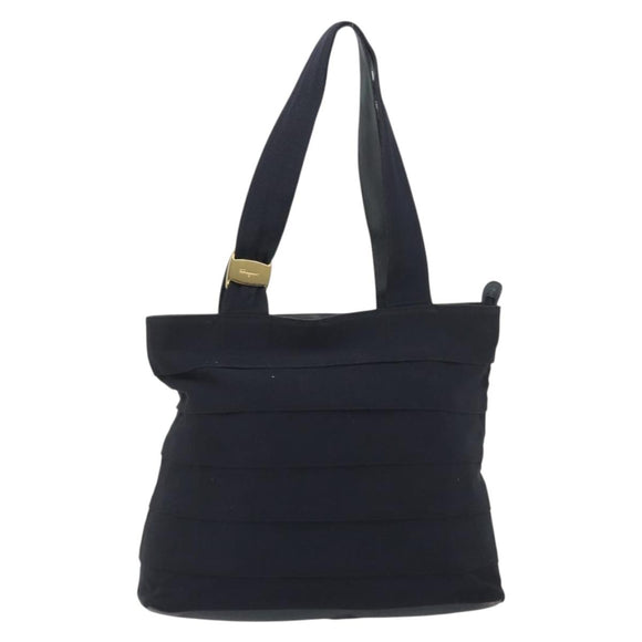 Salvatore Ferragamo Shoulder Bag Canvas Navy Gold Tone Auth gh2246