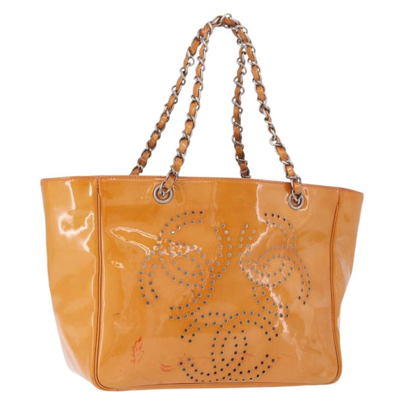 CHANEL Chain Tote Bag Patent Orange Silver CC Auth gh2250