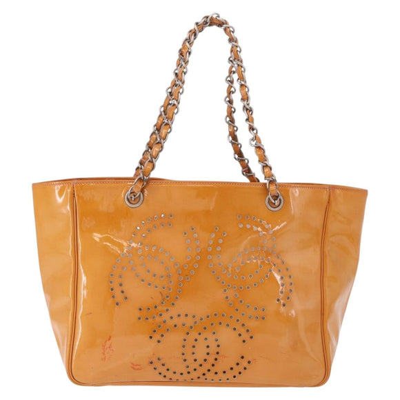 CHANEL Chain Tote Bag Patent Orange Silver CC Auth gh2250