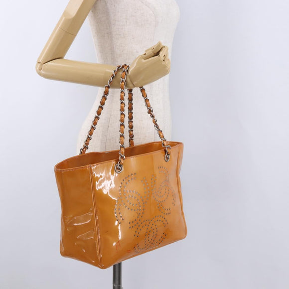 CHANEL Chain Tote Bag Patent Orange Silver CC Auth gh2250