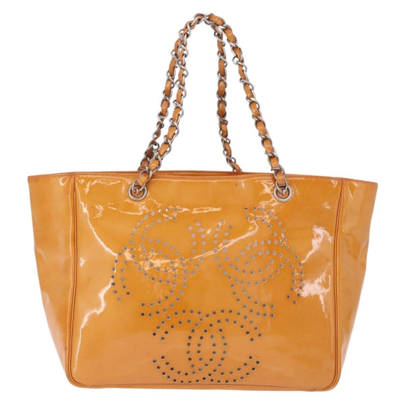CHANEL Chain Tote Bag Patent Orange Silver CC Auth gh2250