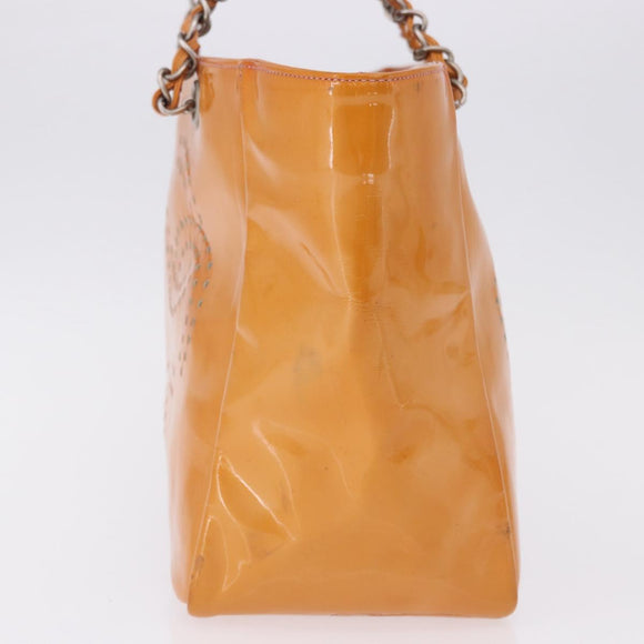 CHANEL Chain Tote Bag Patent Orange Silver CC Auth gh2250