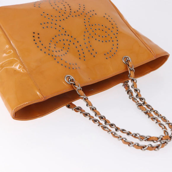 CHANEL Chain Tote Bag Patent Orange Silver CC Auth gh2250