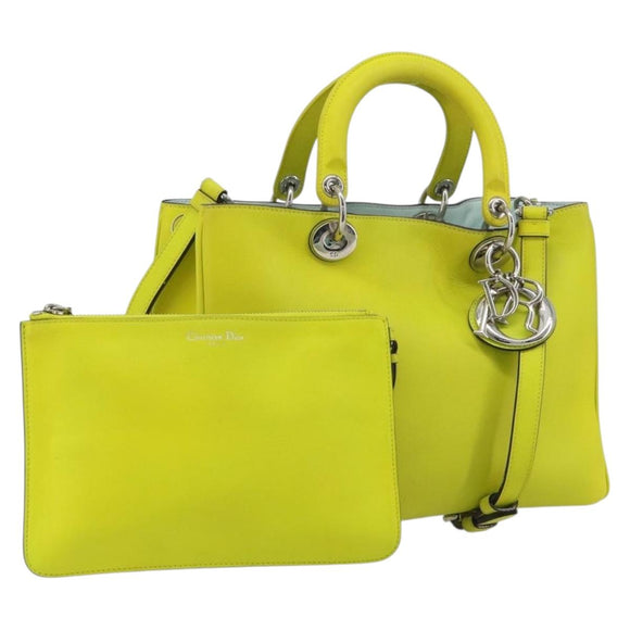Christian Dior Diorissimo Hand Bag Leather 2way Yellow Silver Auth gh2276A
