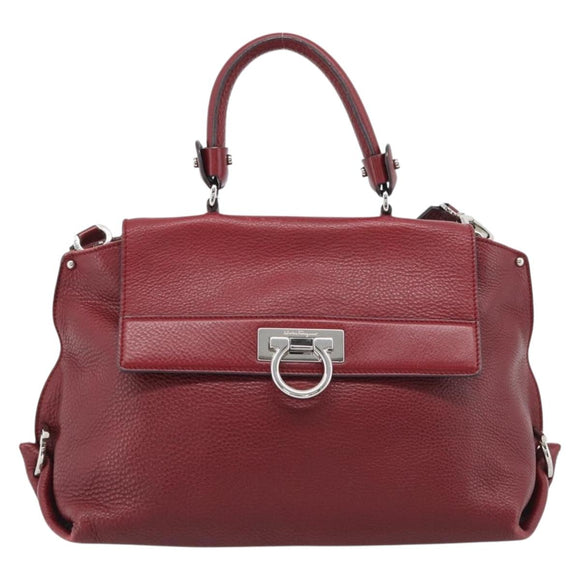Salvatore Ferragamo Gancini Hand Bag Leather 2way Red Silver Auth gh2288A