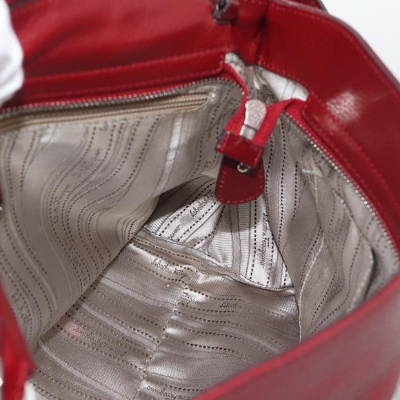Salvatore Ferragamo Gancini Hand Bag Leather 2way Red Silver Auth gh2288A