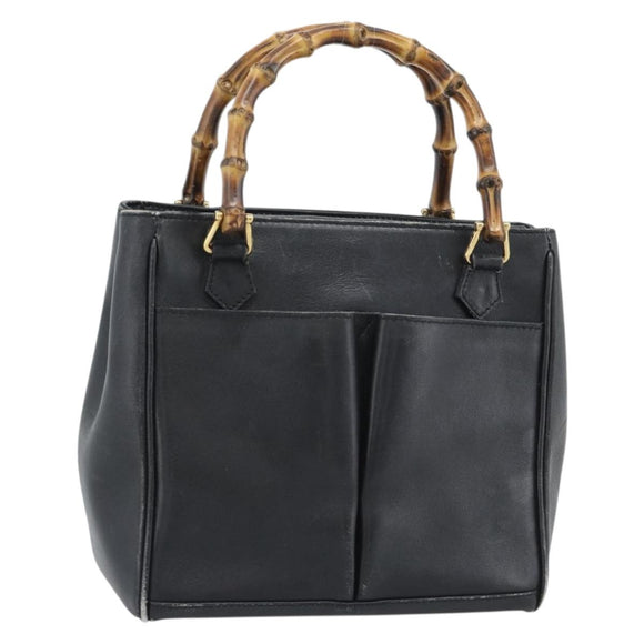 GUCCI Bamboo Hand Bag Leather Outlet Black Gold Tone 000 123 0316 Auth gh2298