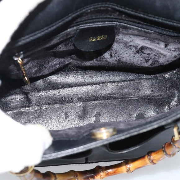 GUCCI Bamboo Hand Bag Leather Outlet Black Gold Tone 000 123 0316 Auth gh2298