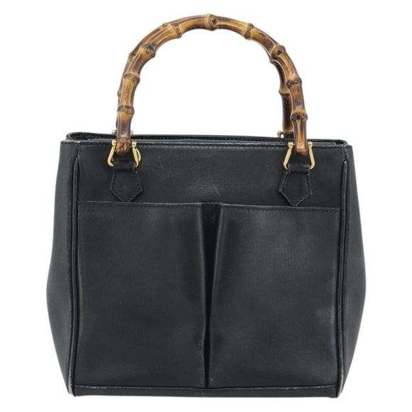 GUCCI Bamboo Hand Bag Leather Outlet Black Gold Tone 000 123 0316 Auth gh2298