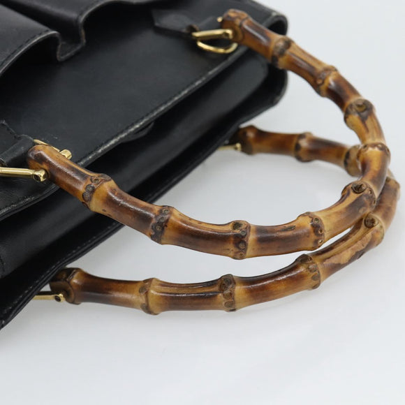 GUCCI Bamboo Hand Bag Leather Outlet Black Gold Tone 000 123 0316 Auth gh2298
