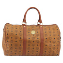 MCM Vicetos Boston Bag PVC Leather Brown Gold Tone Auth gh2312-2