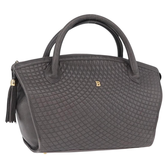 BALLY Hand Bag Leather Gray Gold Tone Auth gh2329