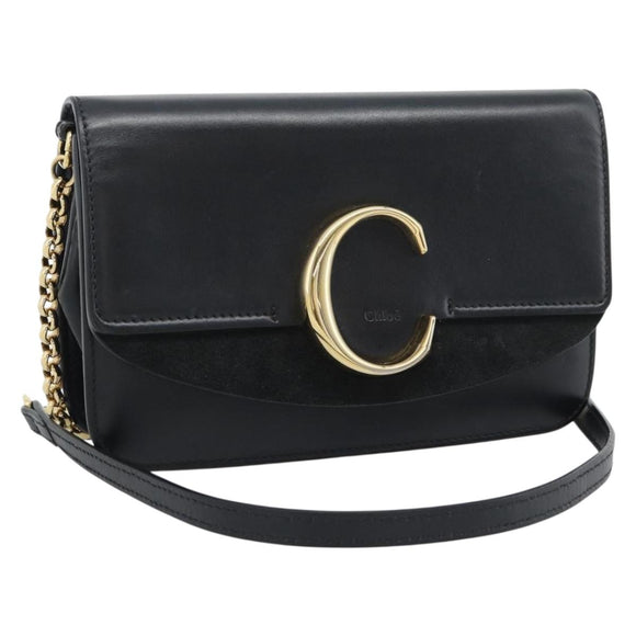 Chloe Chain Shoulder Bag Leather Black Gold Tone Auth gh2335A
