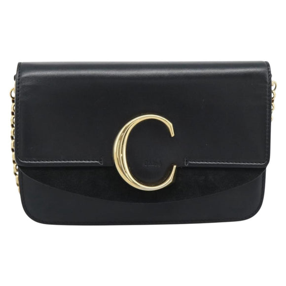 Chloe Chain Shoulder Bag Leather Black Gold Tone Auth gh2335A