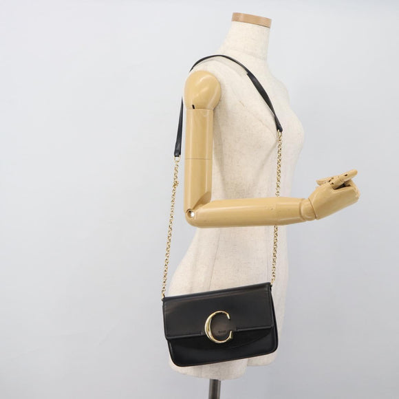 Chloe Chain Shoulder Bag Leather Black Gold Tone Auth gh2335A