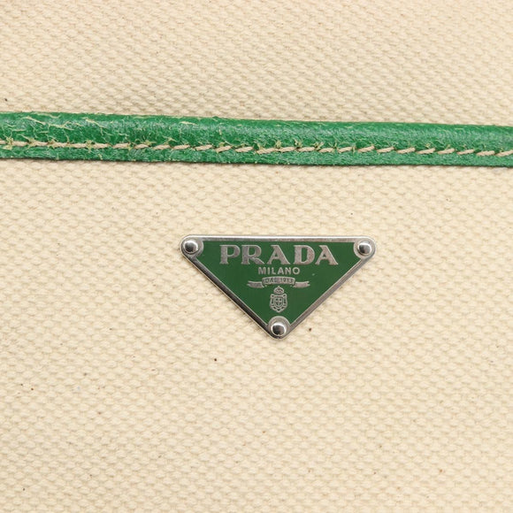 PRADA Tote Bag Canvas Beige Green Auth gh2350