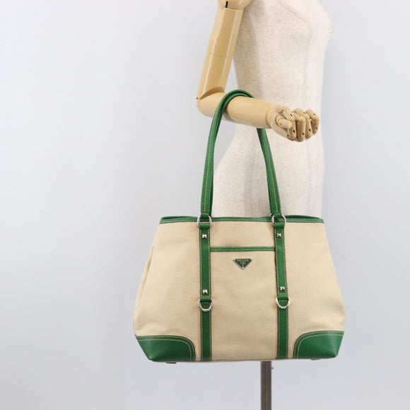 PRADA Tote Bag Canvas Beige Green Auth gh2350
