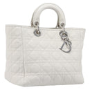Christian Dior Lady Dior Canage Hand Bag Lamb Skin White Silver Auth gh2352V-1