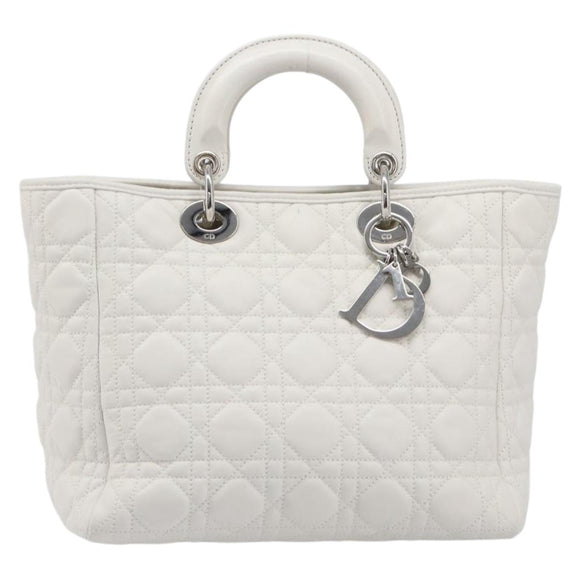 Christian Dior Lady Dior Canage Hand Bag Lamb Skin White Silver Auth gh2352V