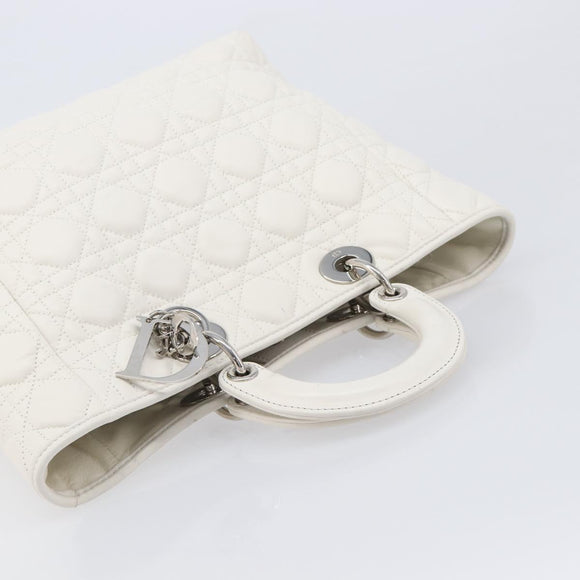 Christian Dior Lady Dior Canage Hand Bag Lamb Skin White Silver Auth gh2352V