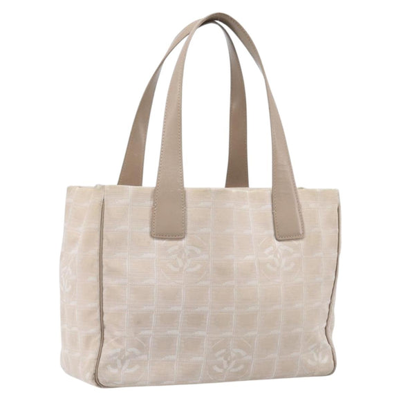 CHANEL New Travel Line Tote Bag Canvas Beige Gold Tone CC Auth gh2368
